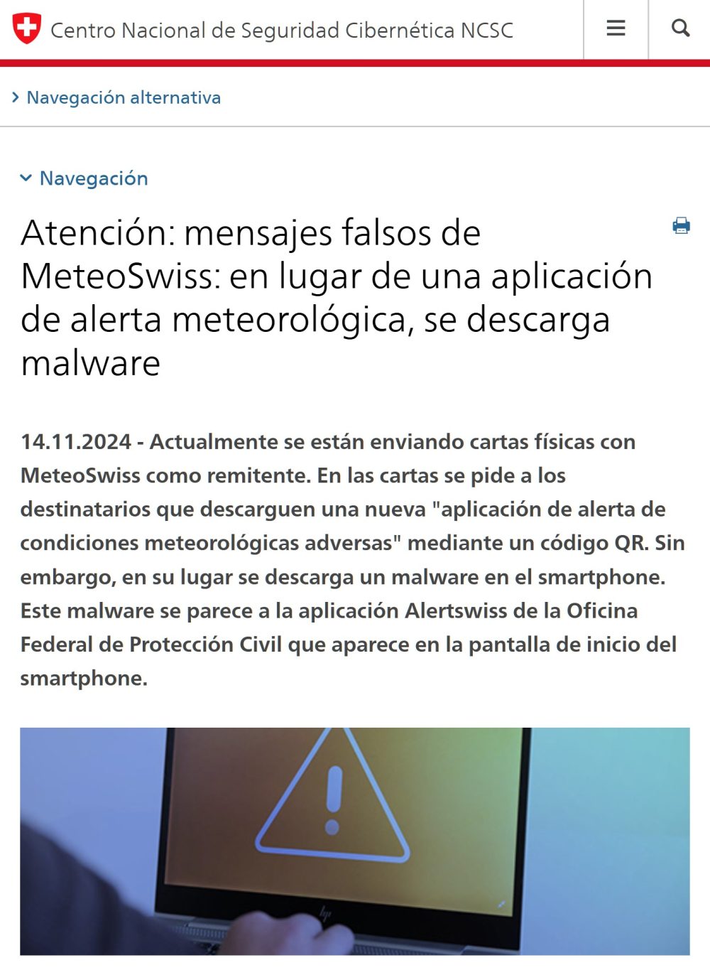 El Centro Nacional de Seguridad Cibernética de Suiza avisa de que se están enviando alertas de meteorología extrema falsas que descargan maIware.