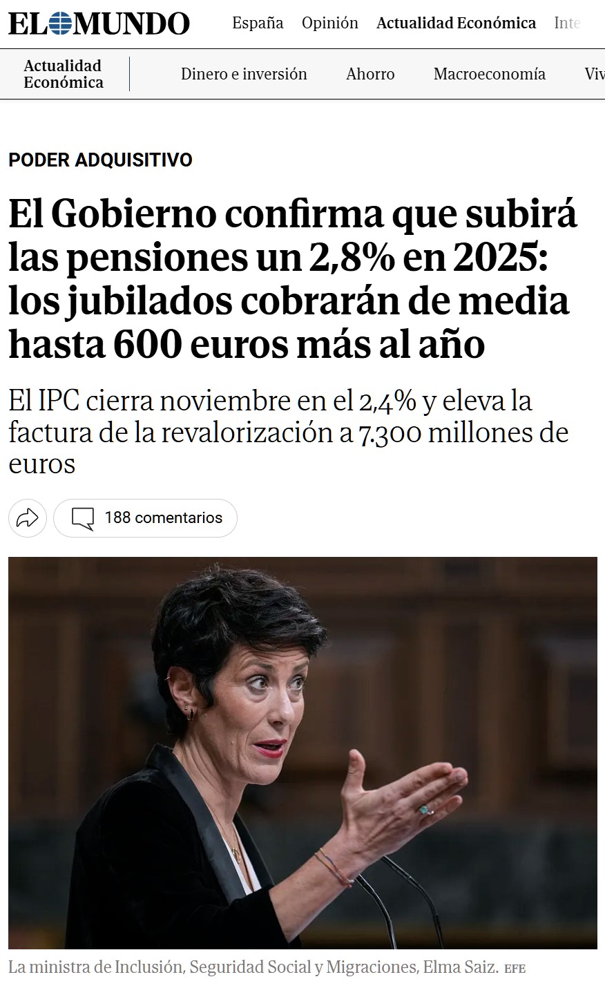 Las pensiones subirán un 2.8%