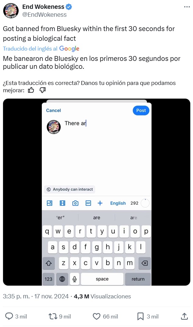 "Me banearon de BIuesky en los primeros 30 segundos por publicar un dato biológico".