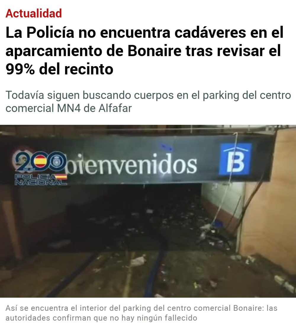 0 víctimas en el parking de Bonaire tras revisar el 99% del recinto.