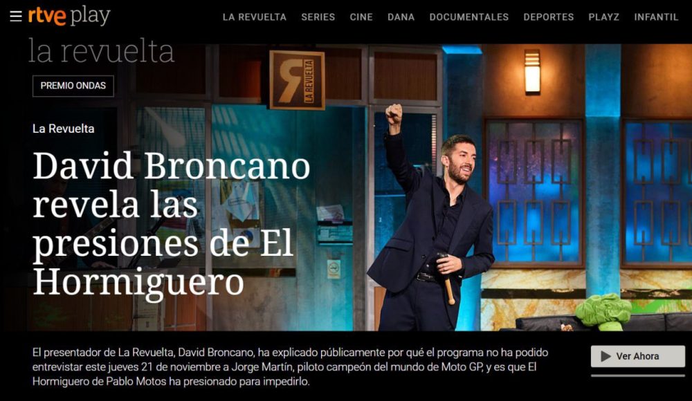 La portada de RTVE Play el día en el que el gobierno está patas arriba por la declaración de Aldama.