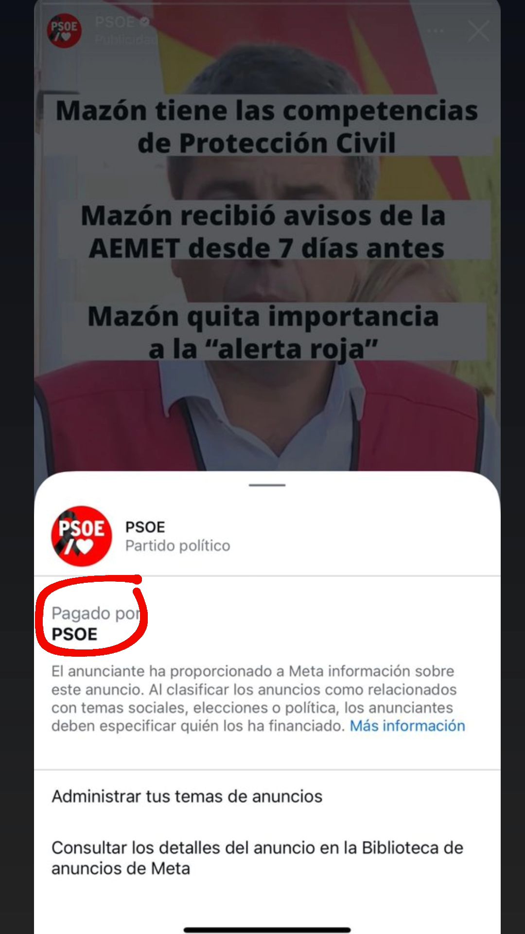 El PSOE está gastando dinero en publicidad en Facebook para descargarse de responsabilidad por la DANA.