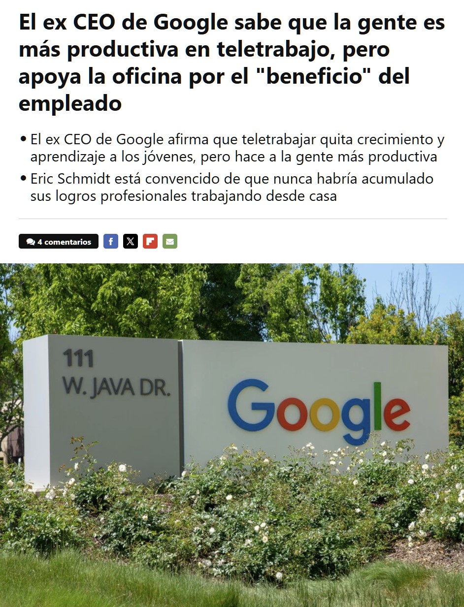 El ex CEO de Google dice que la gente es más productiva teletrabajando pero los mandan de vuelta a las oficinas... por su bien.