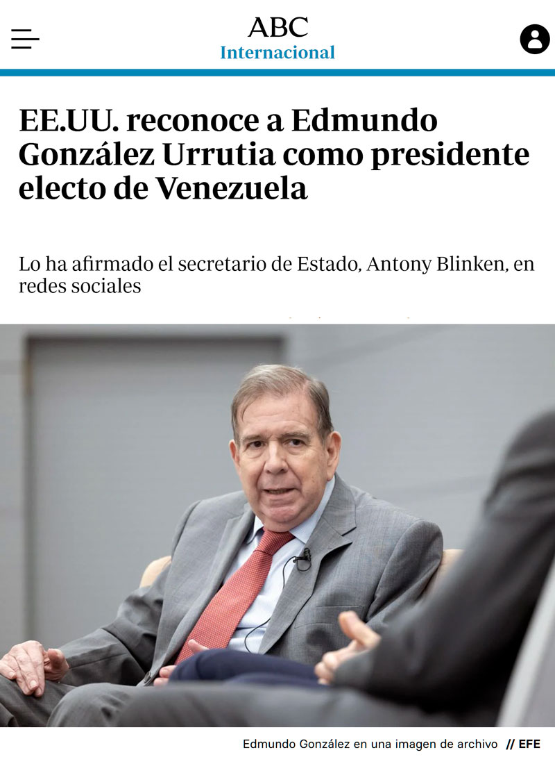 EE.UU. reconoce a Edmundo González como presidente electo de Venezuela.
