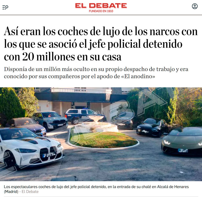 Los coches de los Narcos con los que trabajaba el jefe de la Sección de Delitos Económicos de la Jefatura Superior de Policía de Madrid: 4 BMW M, un Audi RS6 y un Lamborghini Huracán.