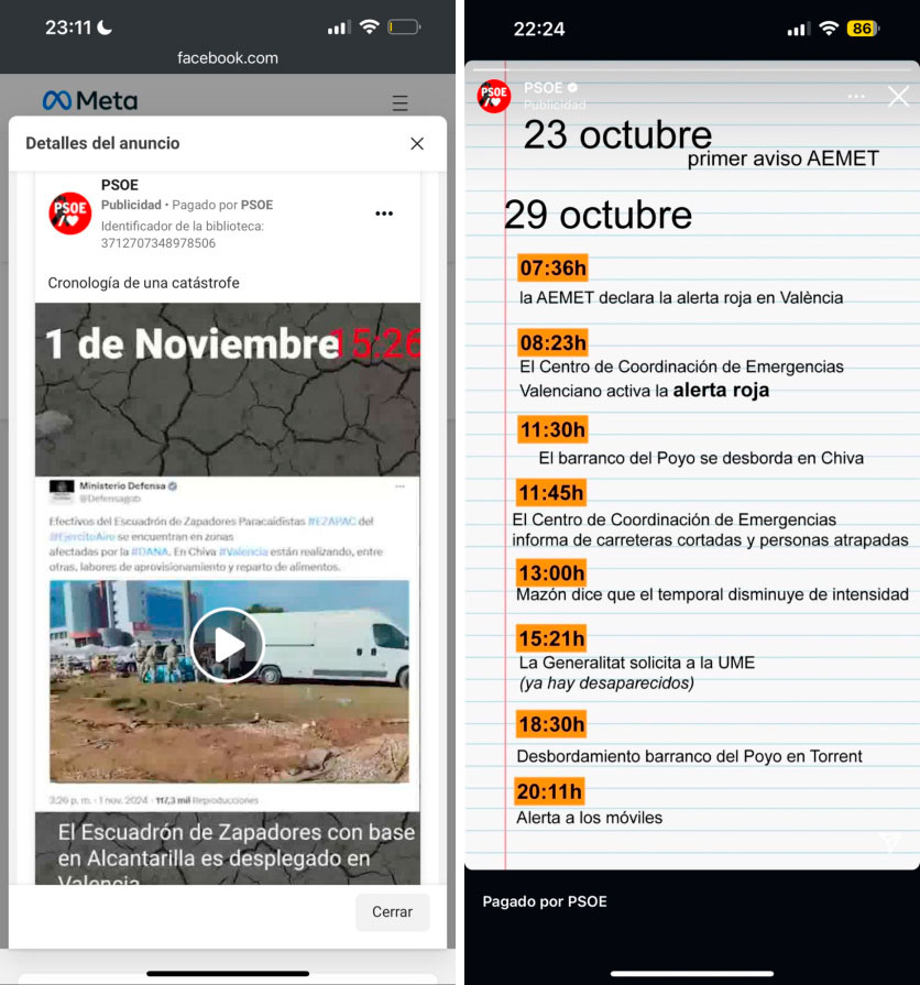 El PSOE está gastando dinero en publicidad en Facebook para descargarse de responsabilidad por la DANA.