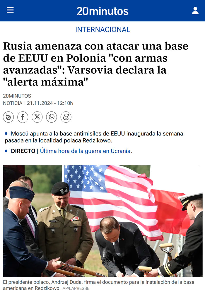 RUSIA amenaza con atacar una base de EEUU en Polonia. Varsovia en "alerta máxima"