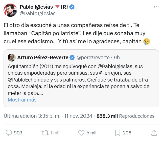 Pablo Iglesias osa responderle a Arturo Pérez-Reverte.