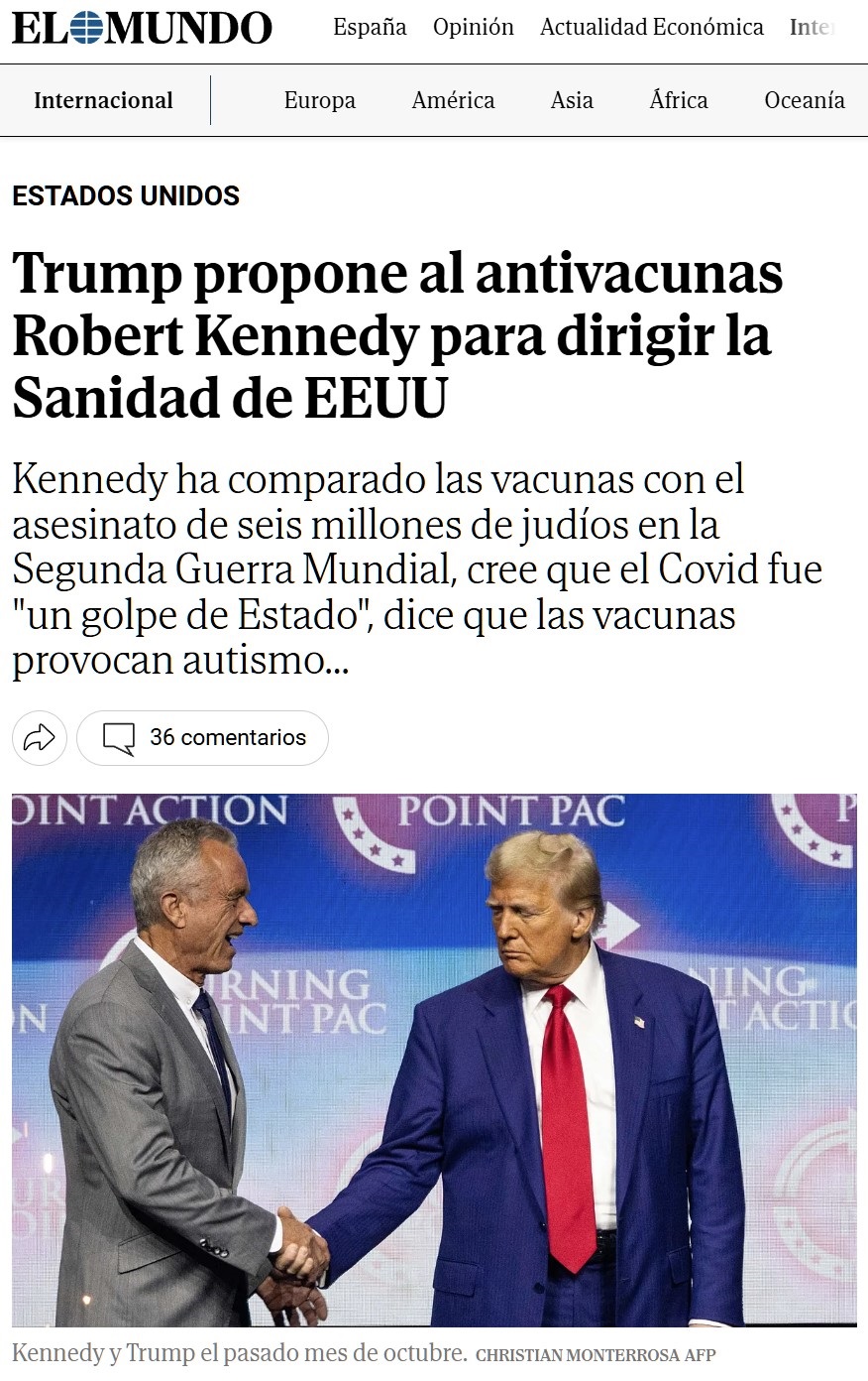 Trump quiere que un antivacunas sea ministro de sanidad.