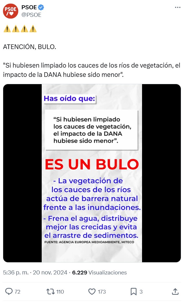 "Si hubiesen limpiado los cauces de los ríos, el impacto de la DANA habría sido menor". Para el PSOE esta frase es un "BULO".
