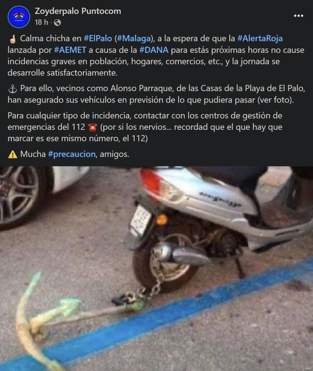 Tecnología malagueña: una scooter con ancla para que no se la lleve la riada.