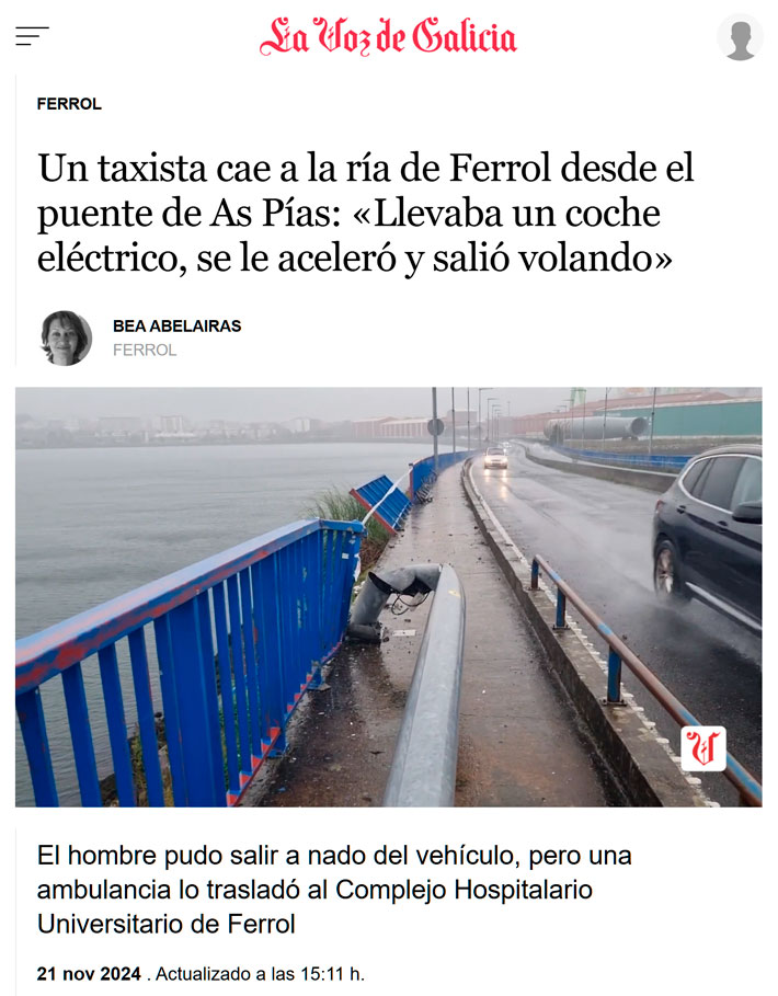 Un taxista de Ferrol sale disparado de un puente y cae al mar con su coche eléctrico.