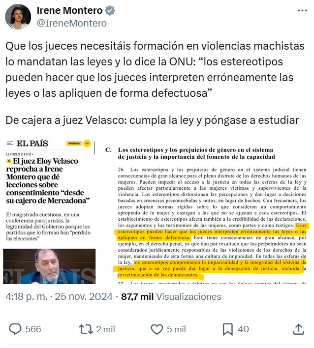 El magistrado de la Audiencia Nacional Eloy Velasco estalla contra Irene Montero: "A un jurista, que llevamos desde el derecho romano sabiendo lo que es el consentimiento y mil cosas más que nunca aprenderá Irene Montero desde su cajero de Mercadona".