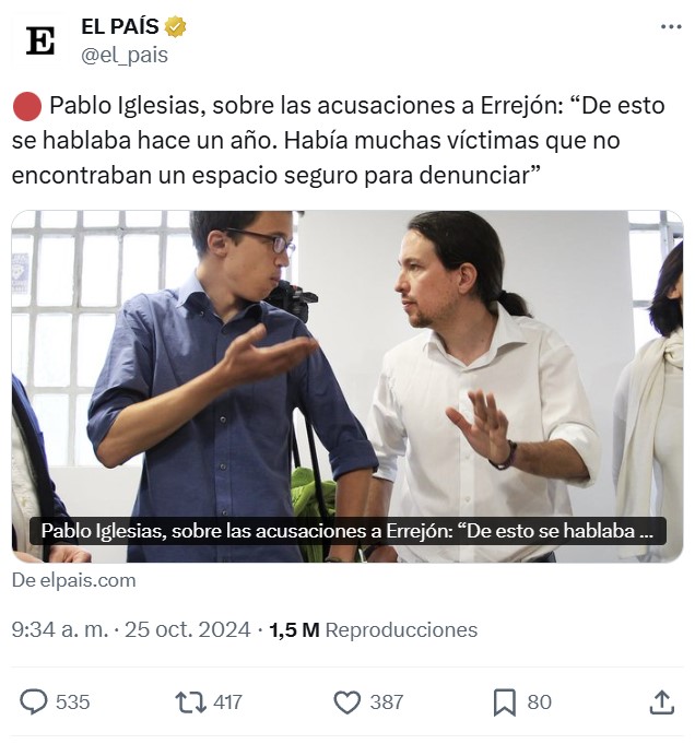 Pablo Iglesias no pudo destapar un caso de abuso sеxuaI porque no había "espacios seguros" para hacerlo.