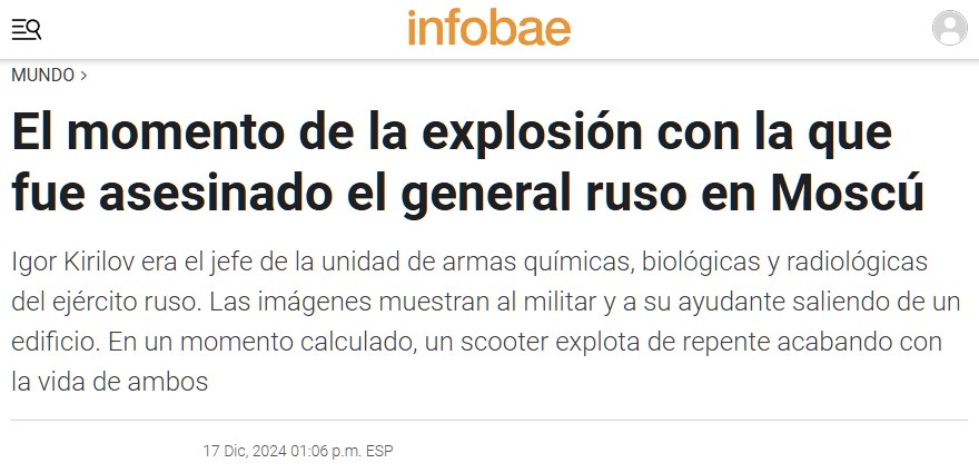 Vídeo de la explosión que ha exterminado al general ruso Igor Kirilov en Moscú.