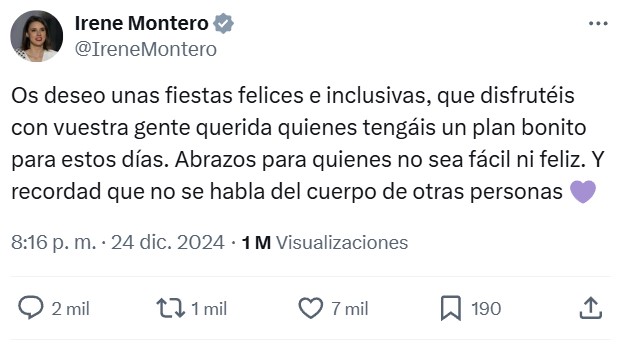 Esta es la felicitación de Navidad de Irene Montero.