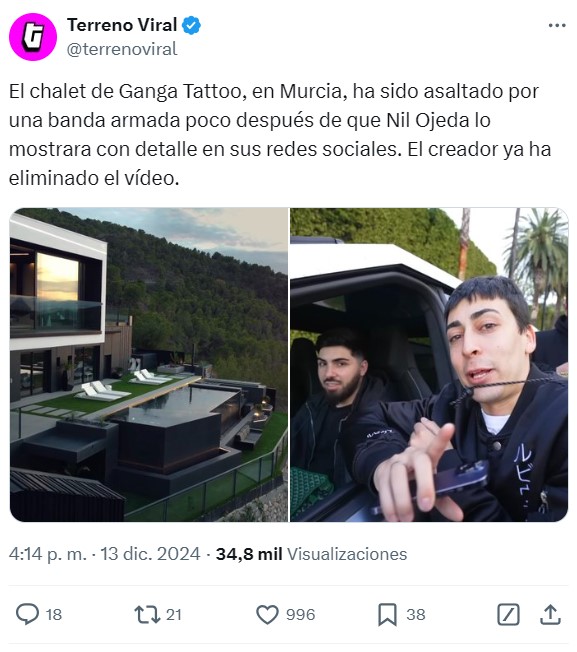 El chalet de Ganga Tattoo, en Murcia, ha sido asaltado por una banda armada poco después de que Nil Ojeda lo mostrara con detalle en sus redes sociales. Ya ha eliminado el vídeo.