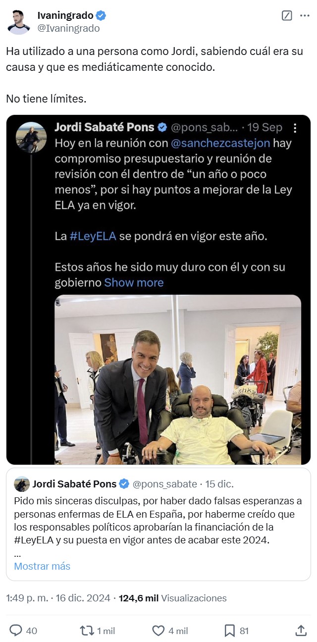 El Gobierno deja de lado a los pacientes de ELA y no aprueba la financiación de la ley ni su puesta en vigor “porque dar 38 millones de euros a los enfermos de ELA era mucho dinero”.