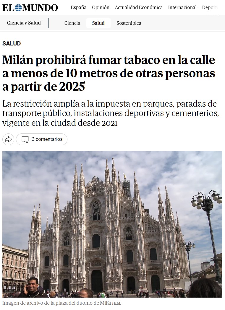 Milán prohibirá fumar en la calle a menos de 10 metros de otras personas.