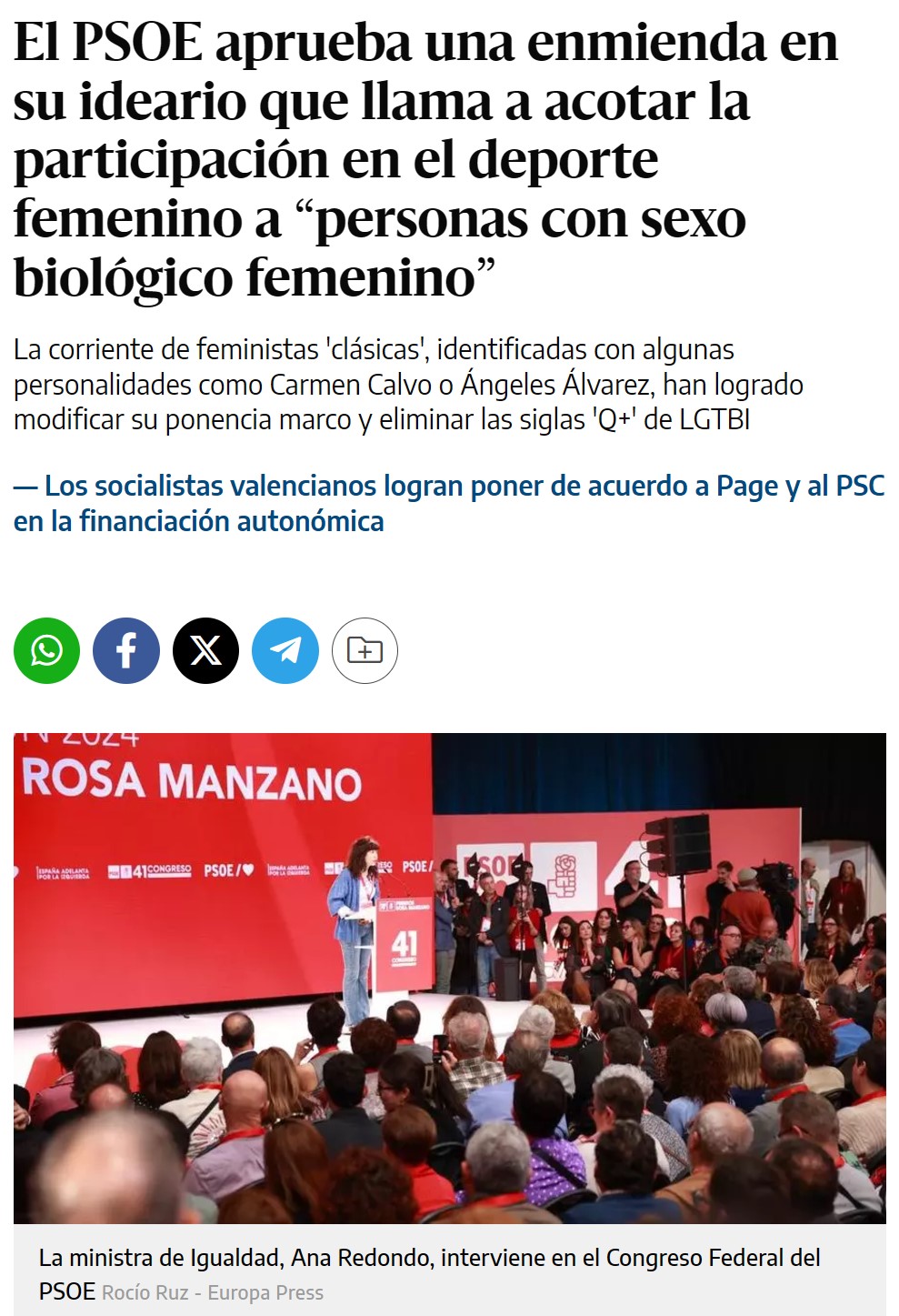 El PSOE aprueba una enmienda para eliminar las siglas 'Q+' de LGTBI en su ideario y llama a prohibir la participación de mujeres trans en categorías deportivas femeninas