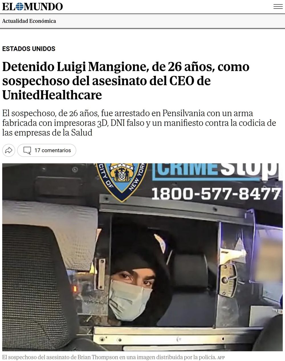 Han pillado al tipo que se cargó al CEO de una aseguradora estadounidense.