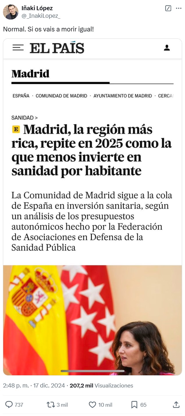 Madrid es la comunidad que menos invierte en sanidad por habitante.