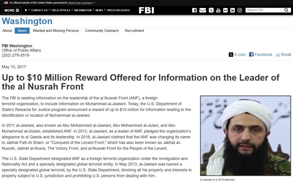 El FBI ofrece recompensa de hasta $10 millones por información sobre Muhammad al-Jolani