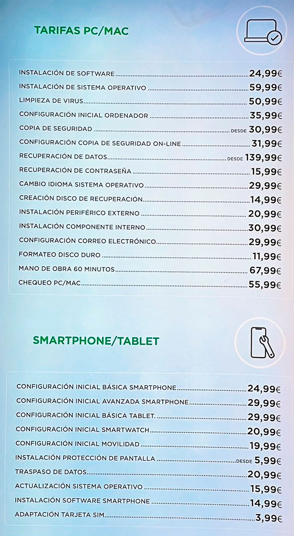 Cuando te pidan ayuda como "amigo informático", recuerda estas tarifas de El Corte Inglés.