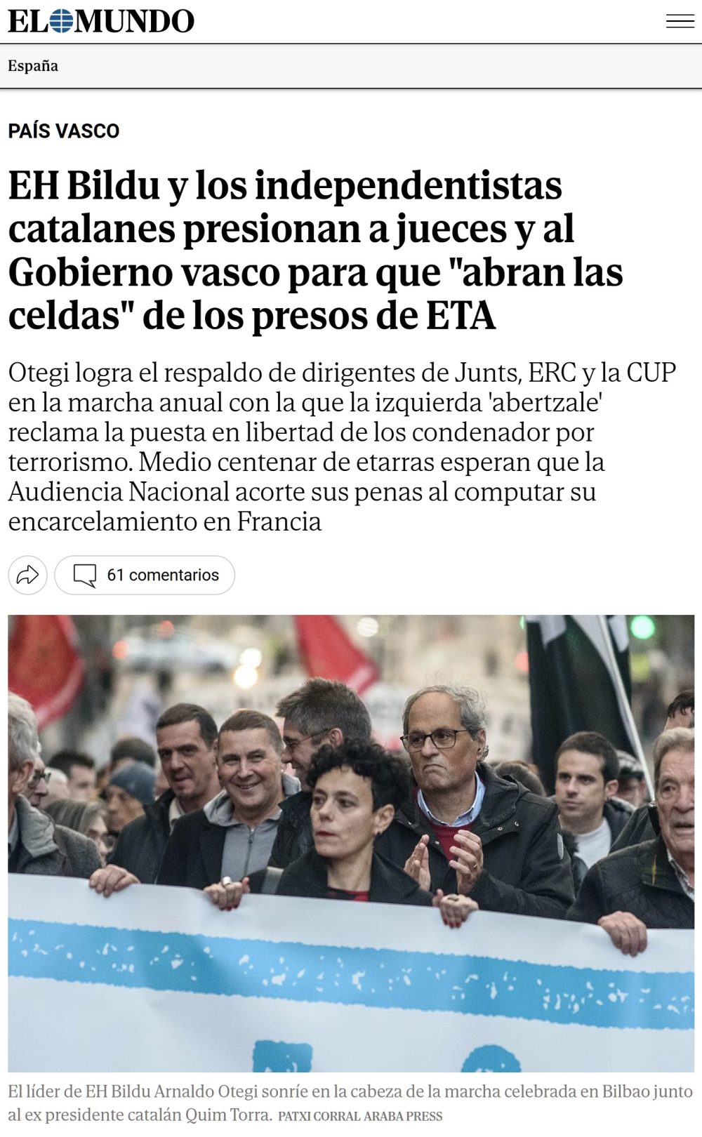 EH Bildu pide que se libere a los presos de ETA.