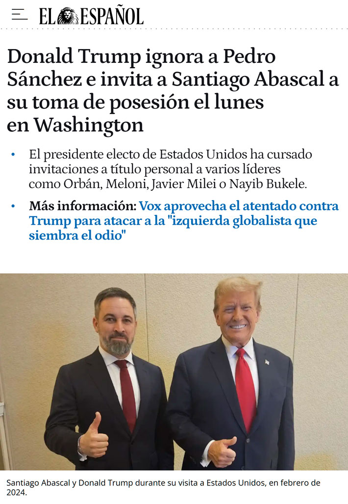 Trump ignora a Pedro Sánhez e invita a Abascal a su toma de posesión.