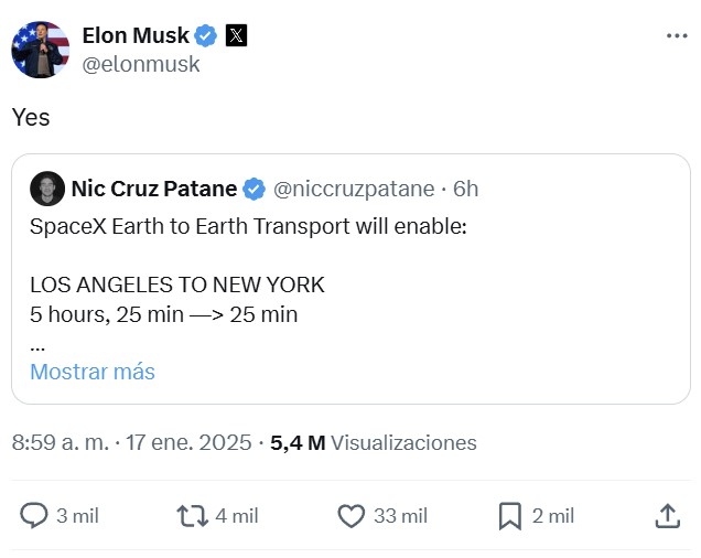 Elon Musk confirma que Space X estaría valorando entrar en el mercado del transporte intercontinental.