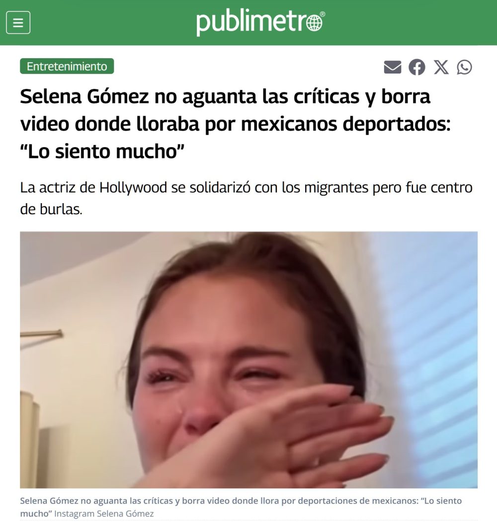 Selena Gomez sube un vídeo en Instagram llorando por la deportación de mexicanos: “Lo siento mucho. Toda mi gente está siendo atacada. Los niños, no lo entiendo. Ojalá pudiera hacer algo”.