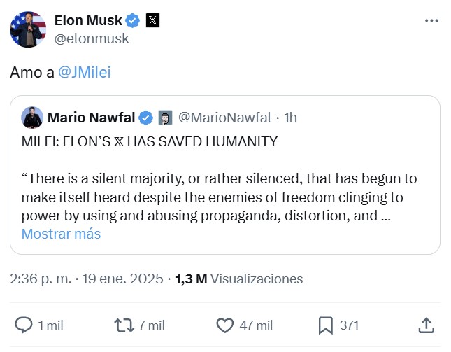 Javier Milei declara su amor a Elon Musk.