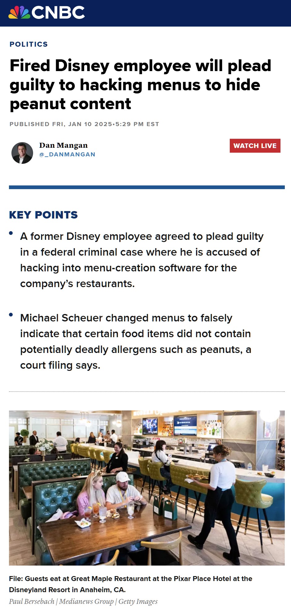 Ex empleado de Disney que hackeó el menú de los restaurantes para cambiar los alérgenos por despecho al ser despedido.