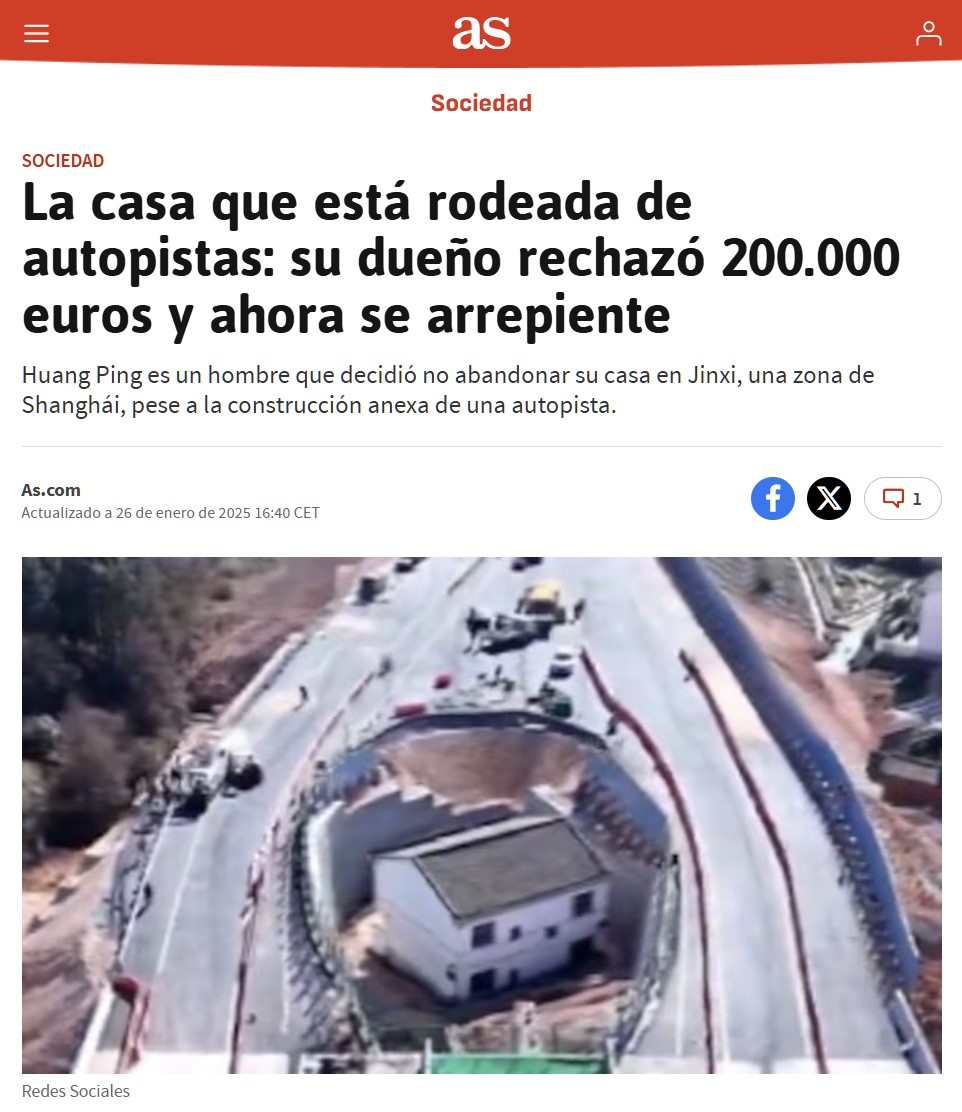 El chino que rechazó 200.000 euros para derruir su vivienda y permitir construir una autopista, ahora se arrepiente.