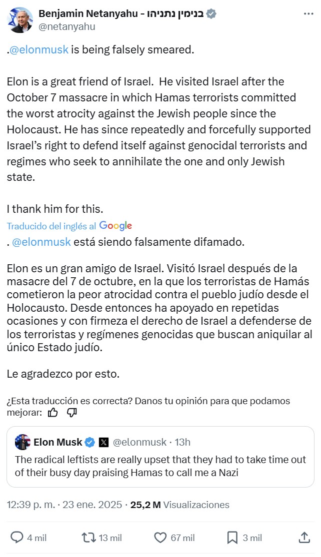 Benjamin Netanyahu defiende a Elon Musk: “Está siendo falsamente difamado”.