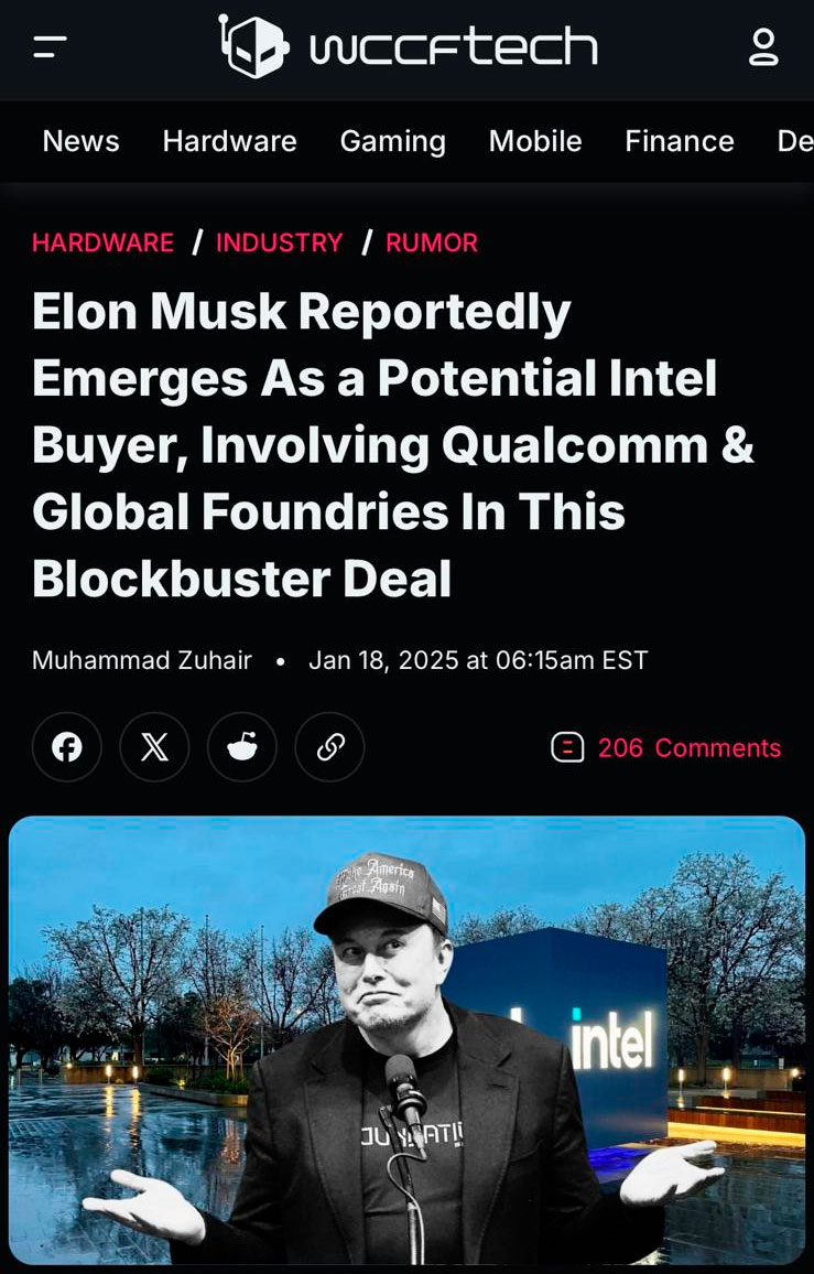 Elon Musk se postula como posible comprador de Intel (en horas bajas) junto a Qualcomm y Global Foundries.