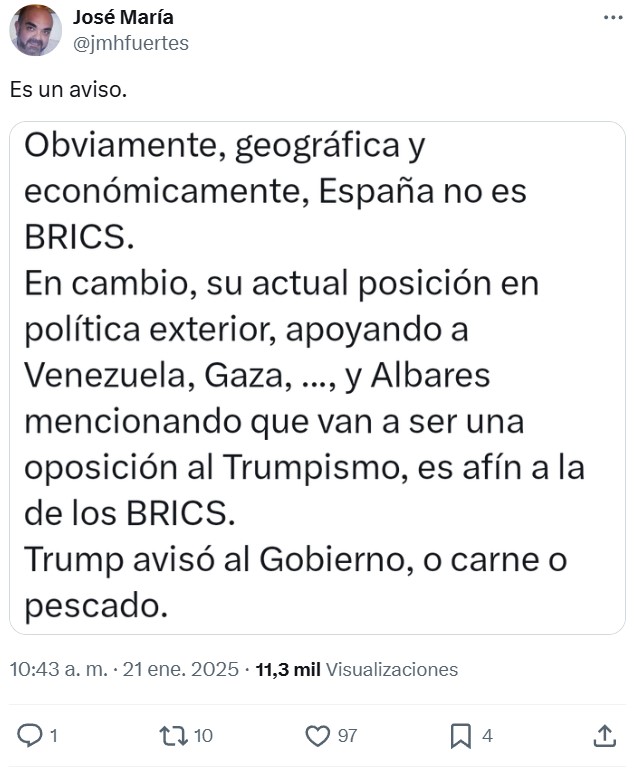 Trump ironiza con que España sea miembro de los BRICS e insinúa que nos podría aplicar aranceles del 100% igual que a ellos.