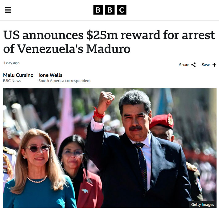 EEUU pone precio a la cabeza de Maduro: 25 millones de dólares.