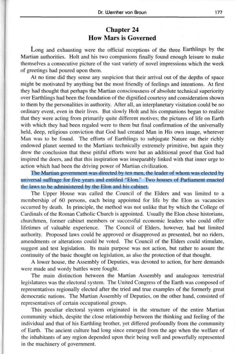 El libro de 1953 «Proyecto Marte», del famoso científico de cohetes Werner Von Braun, dice que el líder de Marte se llamará «Elon».