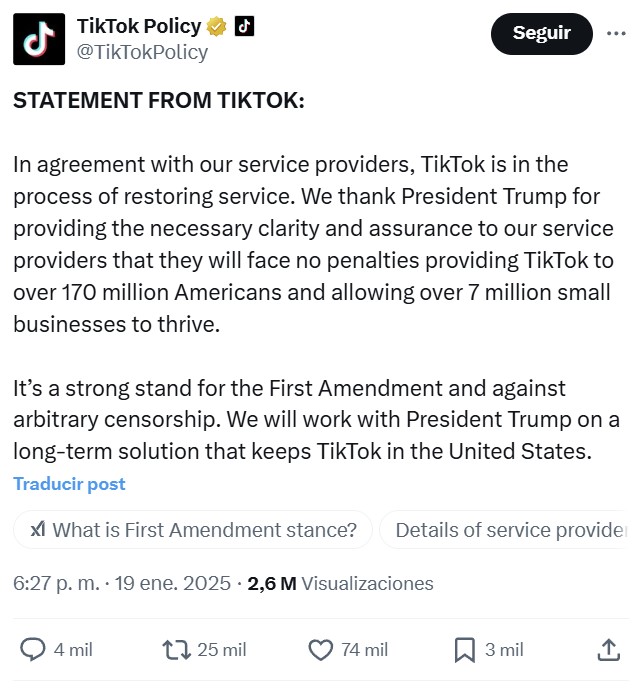 TikTok ya no está disponible en EEUU.