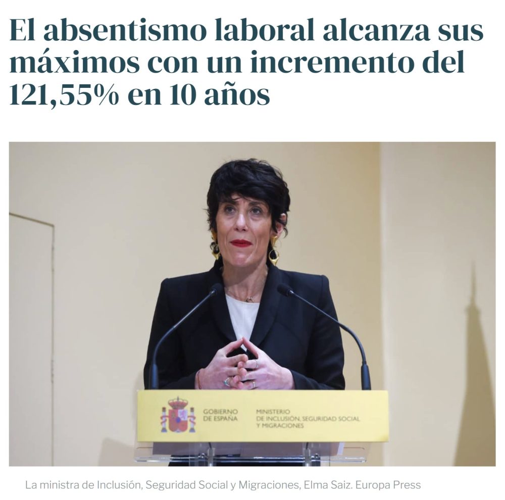 El absentismo laboral alcanza sus máximos con un incremento del 121,55% en 10 años