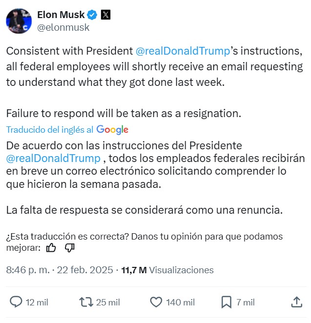 Elon Musk anuncia que se enviará un e-mail a todos los funcionarios pidiendo que expliquen qué hicieron la última semana, y si no contestan se entenderá que han dimitido.