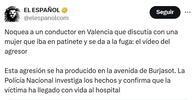 Un agradable sujeto noquea a un conductor en Valencia que discutía con una mujer que iba en patinete y se da a la fuga.