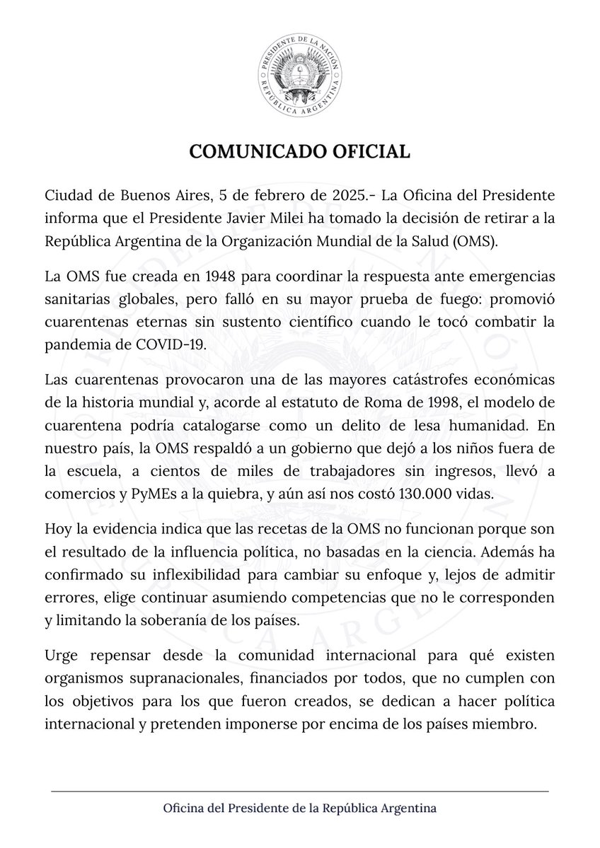 Argentina también se retira de la Organización Mundial de la Salud.