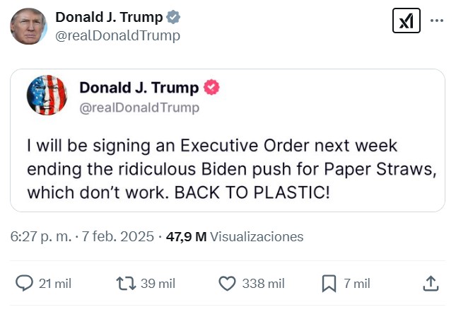 Trump anuncia que EEUU vuelve a las pajitas de plástico.