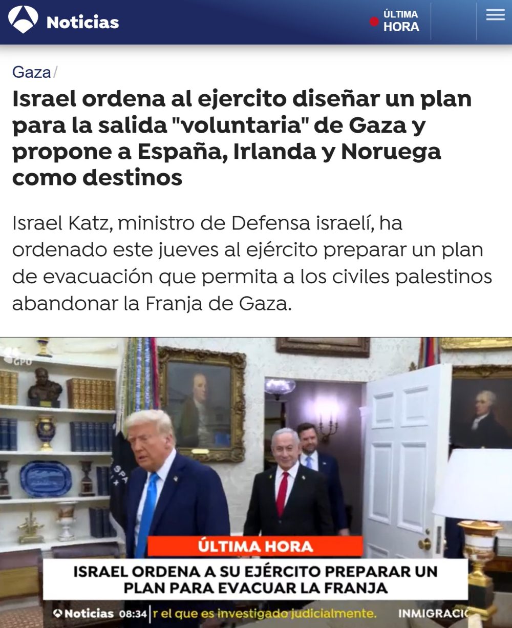 “Países como España, Irlanda, Noruega y otros, que han lanzado acusaciones y afirmaciones falsas contra Israel por sus acciones en Gaza, están legalmente obligados a permitir que cualquier residente de Gaza entre en sus territorios”.