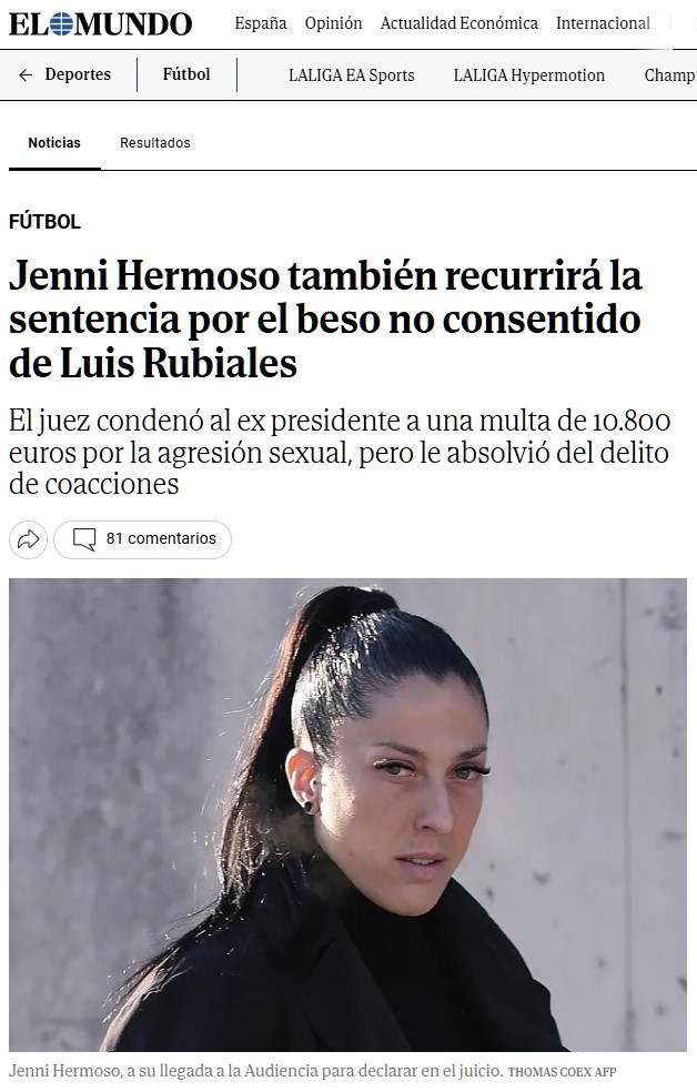 Jenni Hermoso recurrirá la sentencia de Rubiales.