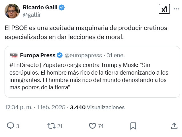 Zapatero carga contra Trump y Musk: "Sin escrúpulos. El hombre más rico de la tierra demonizando a los inmigrantes. El hombre más rico del mundo denostando a los más pobres de la tierra"