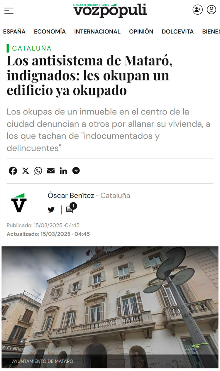 Okupan una vivienda ya okupada en Mataró, Barcelona, y los okupas originales denuncian que los segundos okupas son «indocumentados y delincuentes».